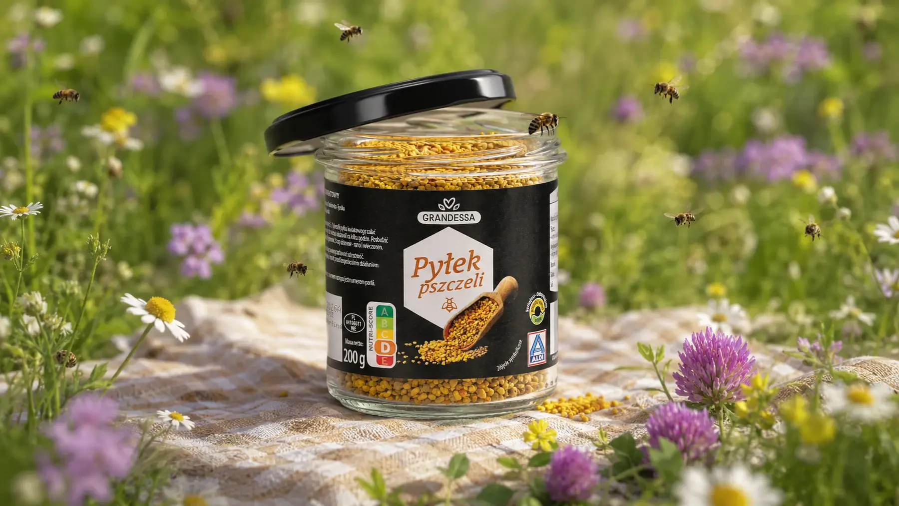 słoik z uchyloną zakrętką stoi na kocu piknikowym na łące kwiatowej